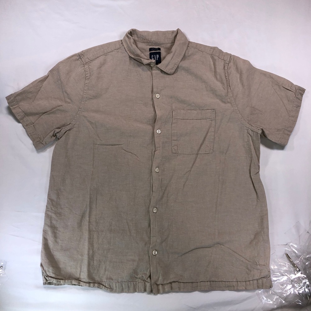 GAP Mens Tan Linen Cotton Blend Short Sleeve Button Down Shirt Large 01454